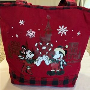 Disney Mickey & Minnie Christmas Tote Bag Red Buffalo Plaid Holiday Shopper